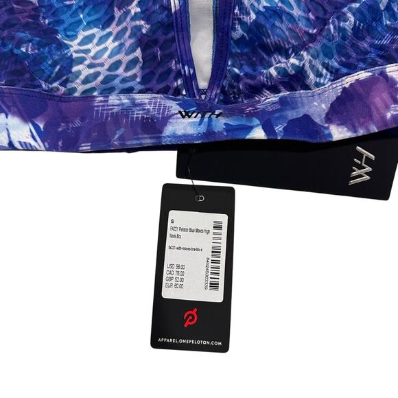 Peloton Womens High Neck Sports Bra Top Blue Purple Print Keyhole Back Size S - Picture 10 of 13